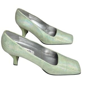 Y2K Mermaidcore Mint Iridescent Square Toe Mid Heel Pumps‎ 10M